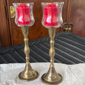 Vintage Set of Elegant Brass Candle Holders with Fluted Glass